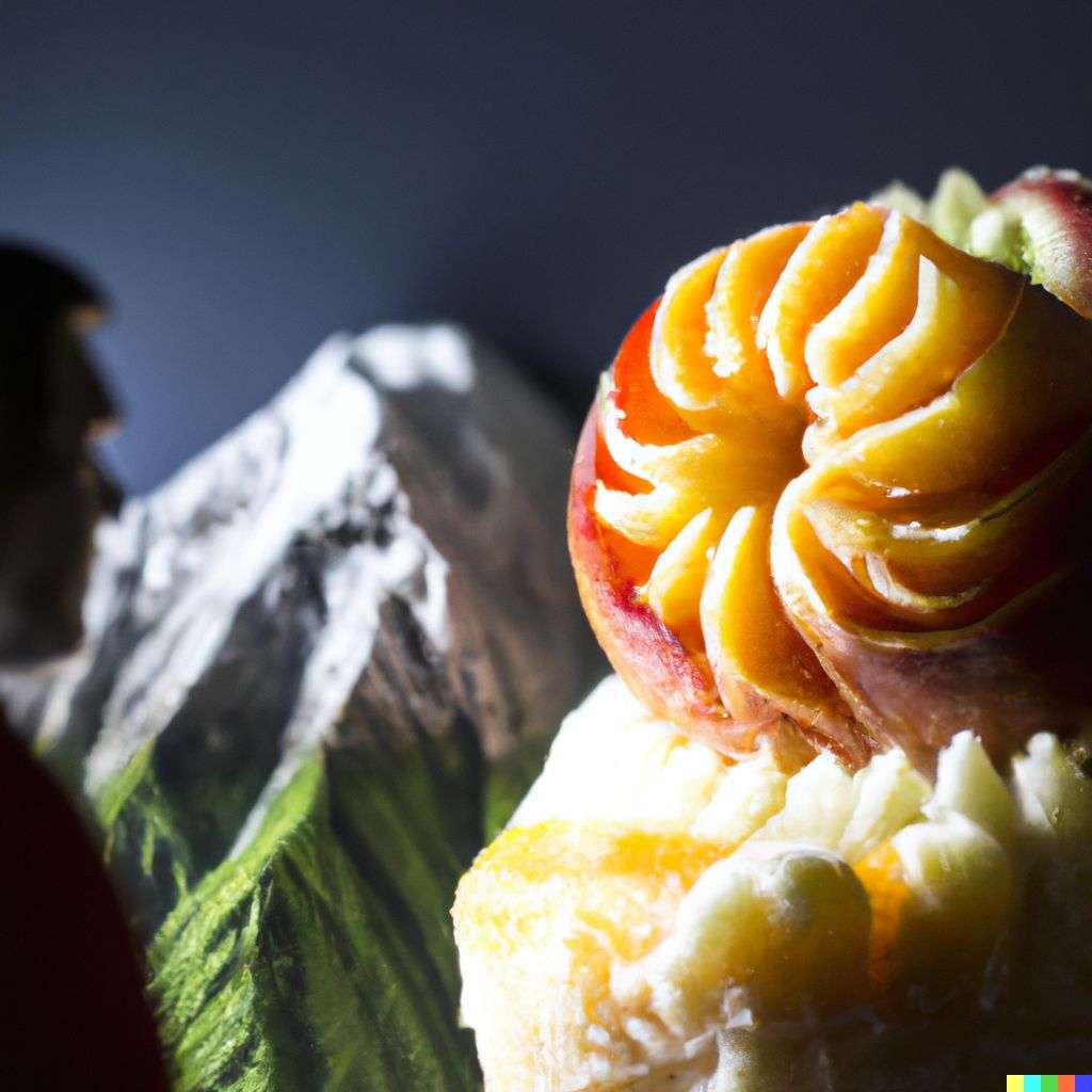 someone gazing at Mount Everest, fruit carving